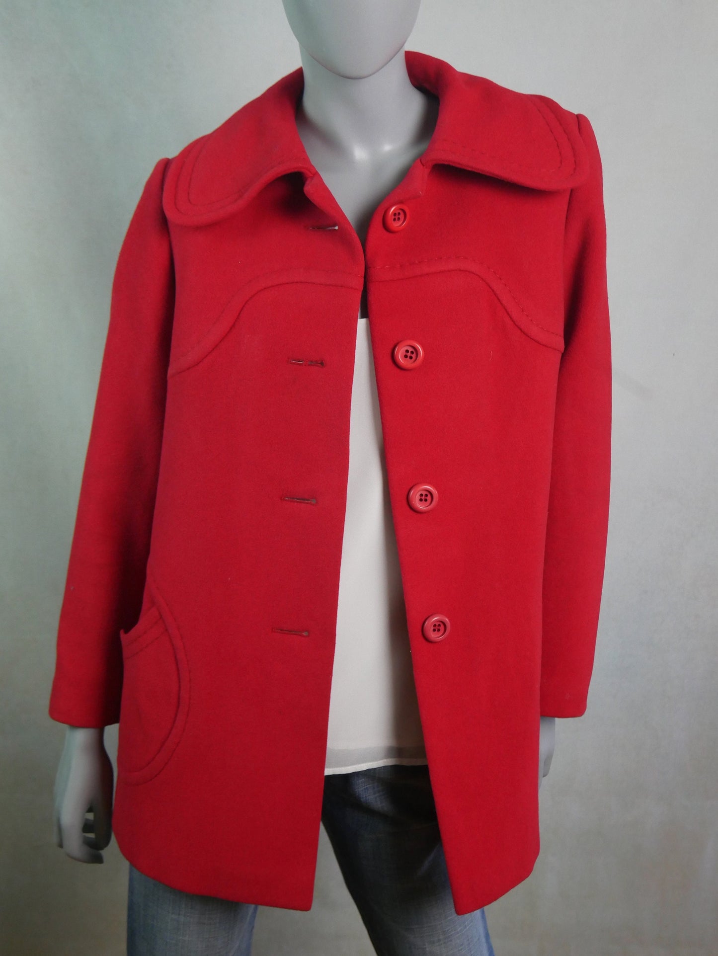 60s Mod Red Coat | Vintage Chelsea Mary Jane Wool Coat | Medium