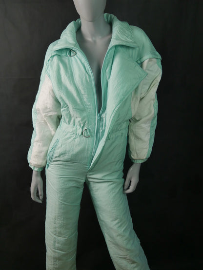 1980s Ski Suit | Mint Green and Cream Vintage One Piece Snow Suit | Small