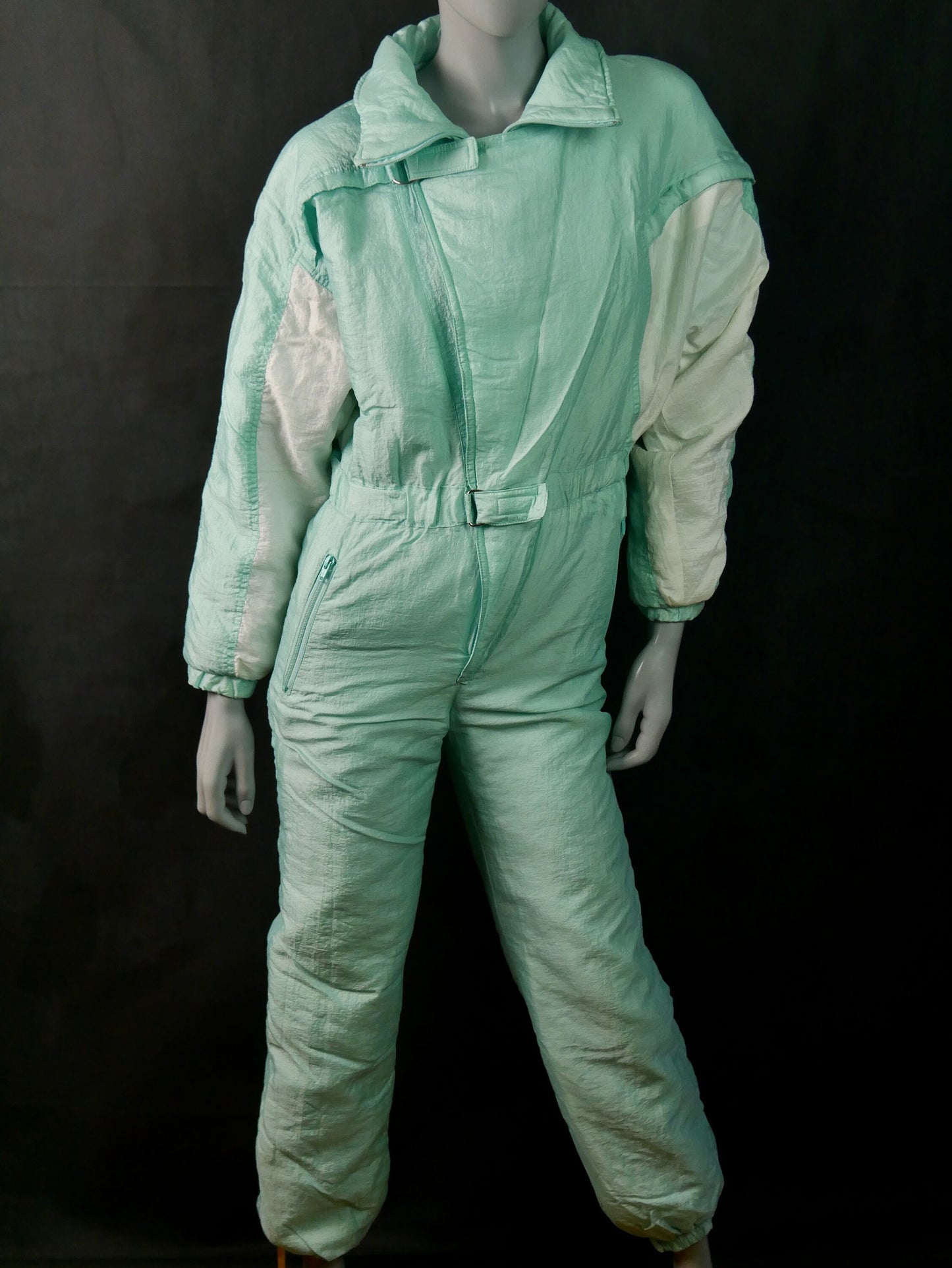 1980s Ski Suit | Mint Green and Cream Vintage One Piece Snow Suit | Small