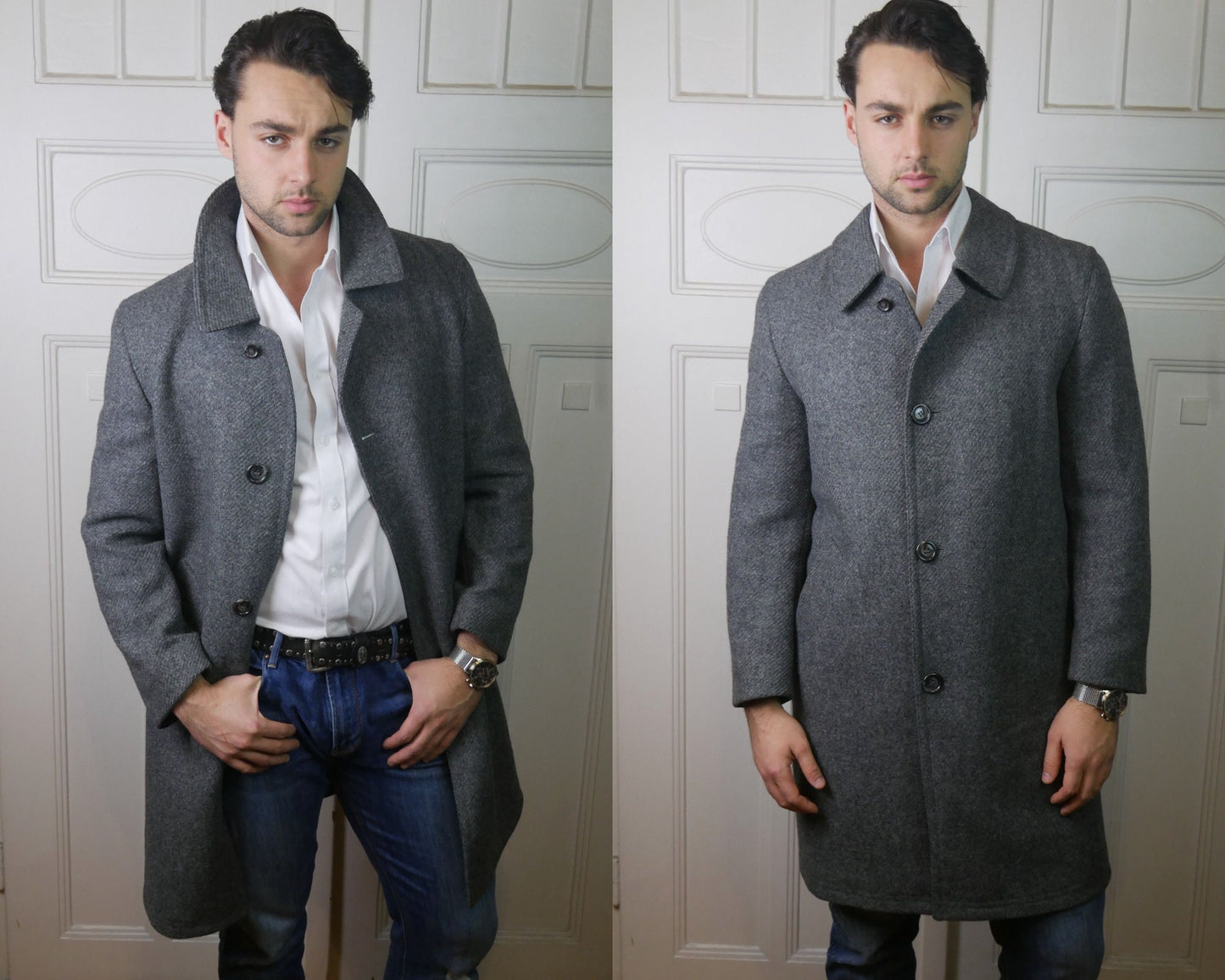 Gray Tweed Coat | 80s European Vintage Wool Overcoat | Large