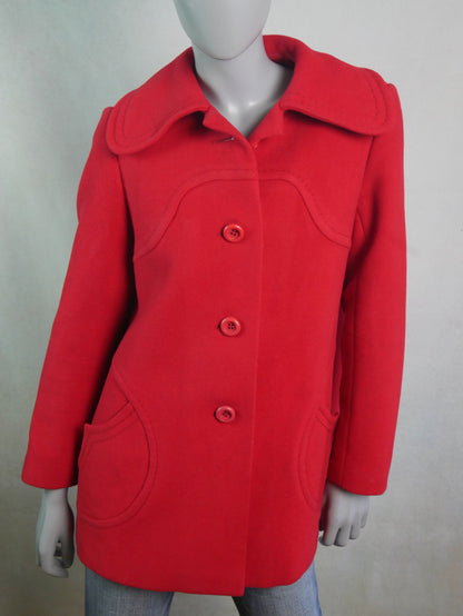 60s Mod Red Coat | Vintage Chelsea Mary Jane Wool Coat | Medium