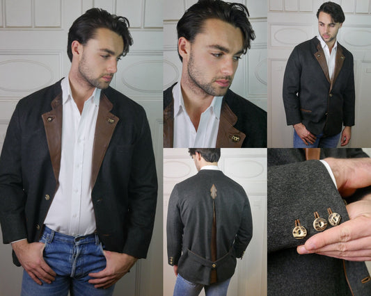 80s Vintage Etienne Aigner Jacket | Charcoal Gray Wool with Tan Leather Lapels | Extra Large