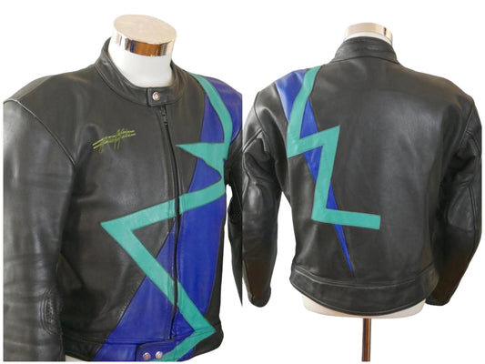 Men's 1980s Leather Motorcycle Jacket with Protective Armor | Medium