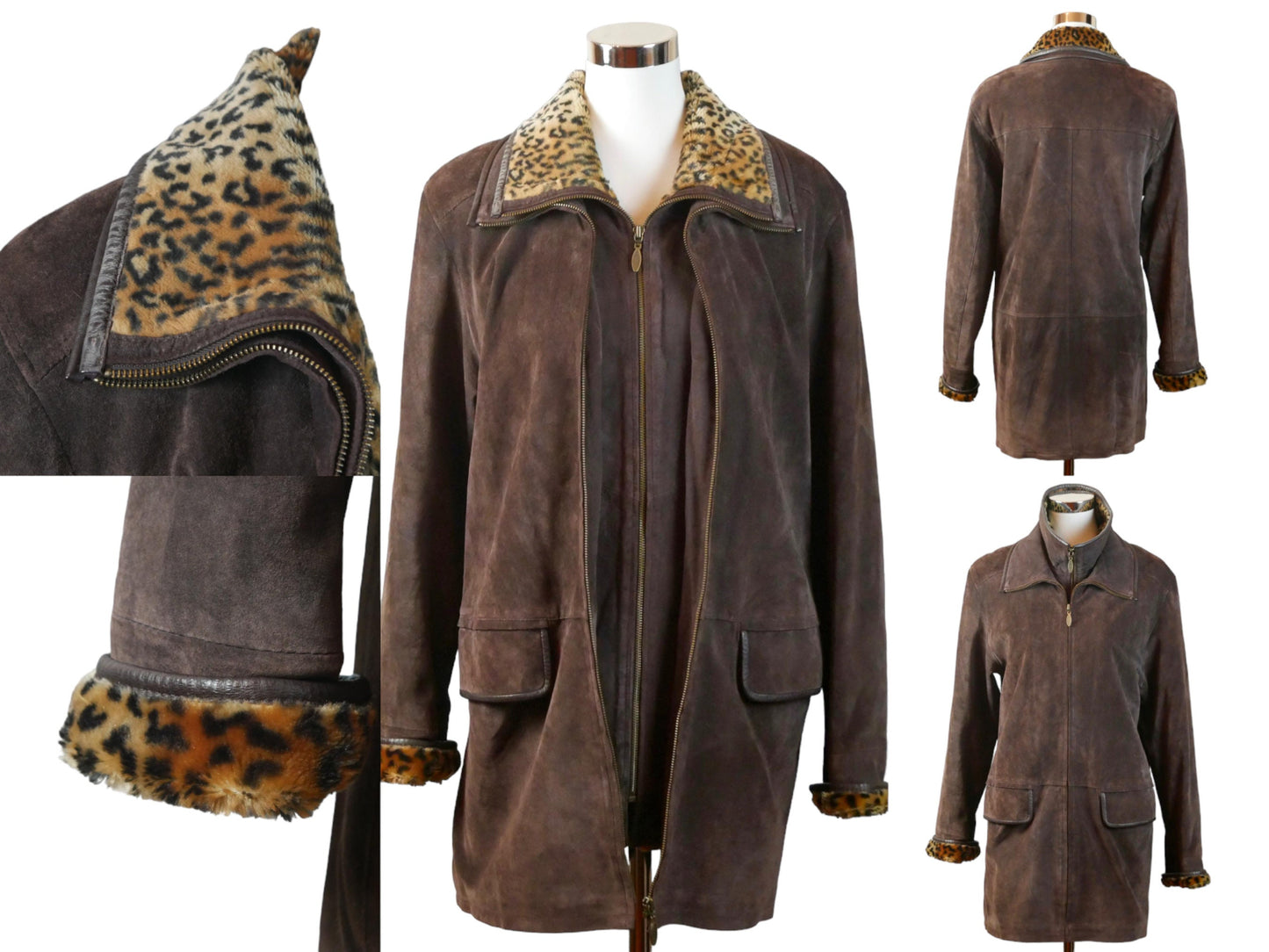 90s Vintage Brown Suede Coat with Leopard Print Collar | Medium