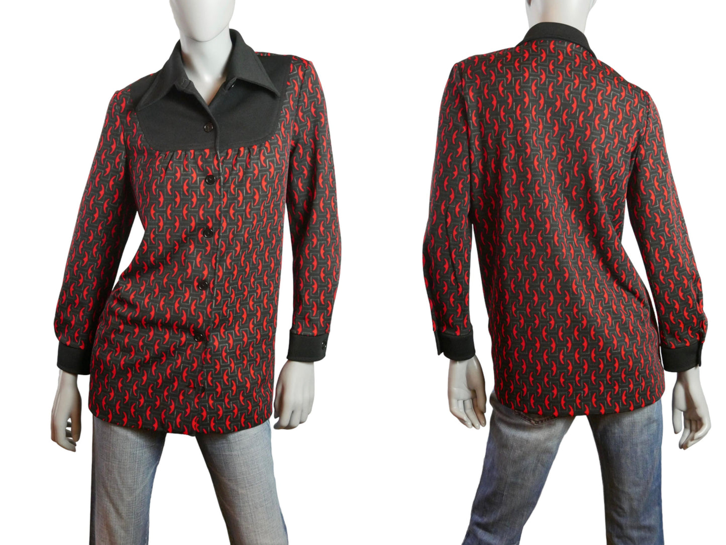 70s Wide Collar Blouse | European Vintage Red and Black Shirt | Large