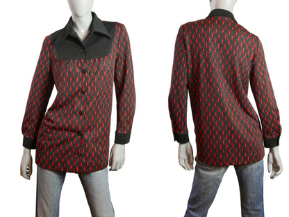 70s Wide Collar Blouse | European Vintage Red and Black Shirt | Large