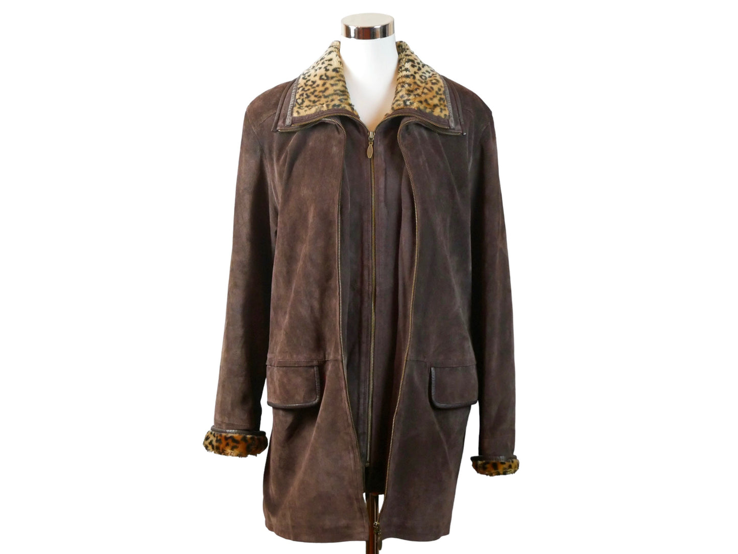 90s Vintage Brown Suede Coat with Leopard Print Collar | Medium