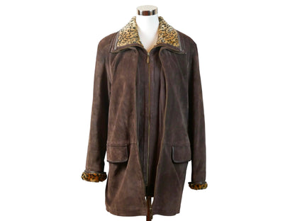 90s Vintage Brown Suede Coat with Leopard Print Collar | Medium