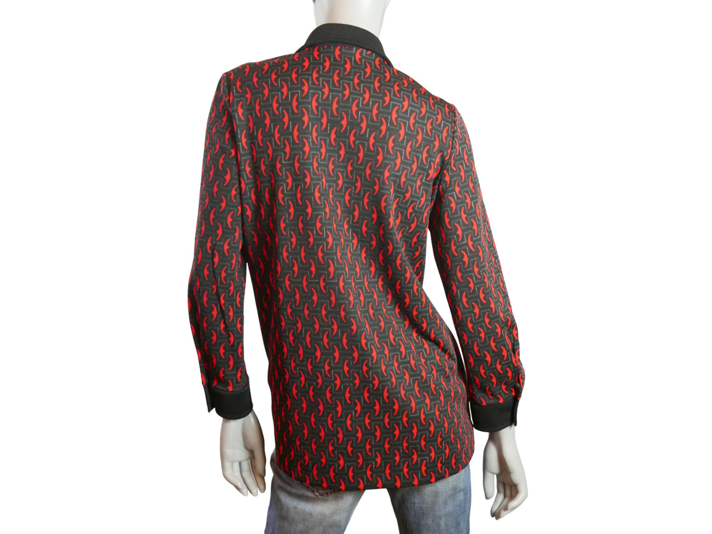 70s Wide Collar Blouse | European Vintage Red and Black Shirt | Large