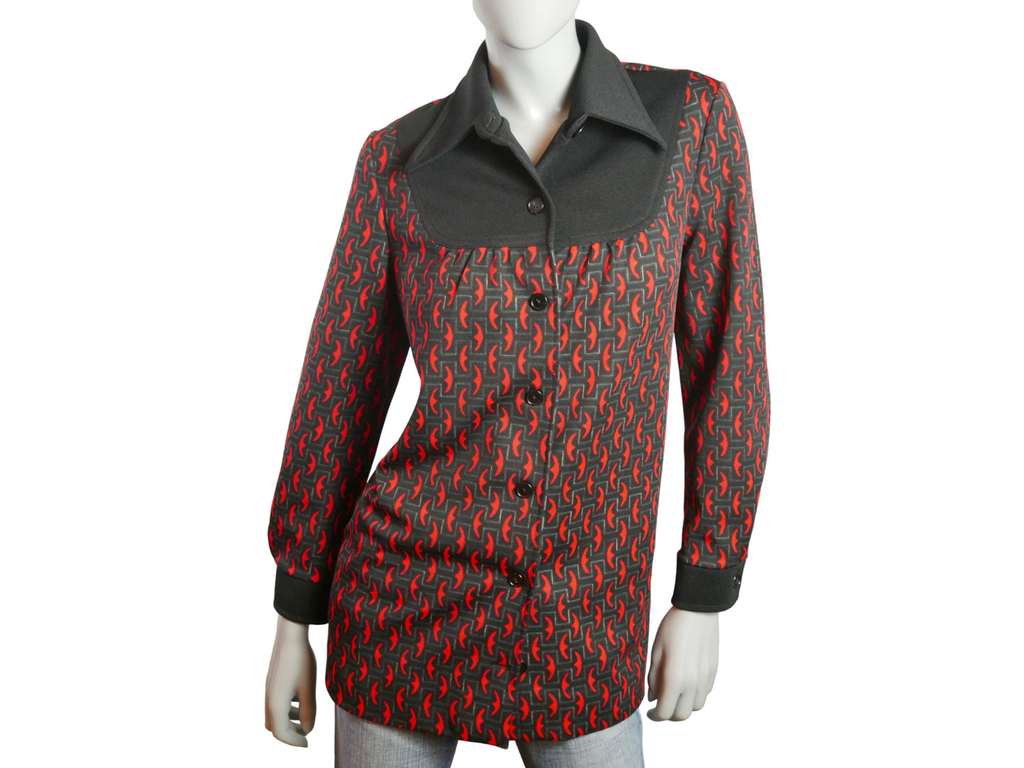 70s Wide Collar Blouse | European Vintage Red and Black Shirt | Large