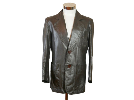 70s Vintage Brown Leather Jacket with Wide Collar | Medium