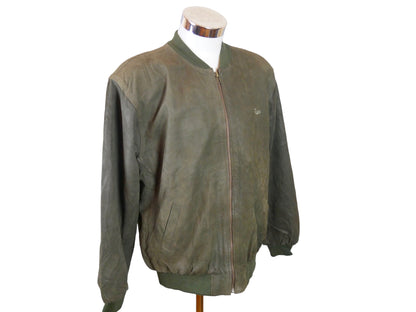 Men's 80s Guess Leather Bomber Jacket | Vintage Olive Green | Large
