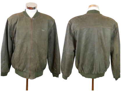Men's 80s Guess Leather Bomber Jacket | Vintage Olive Green | Large