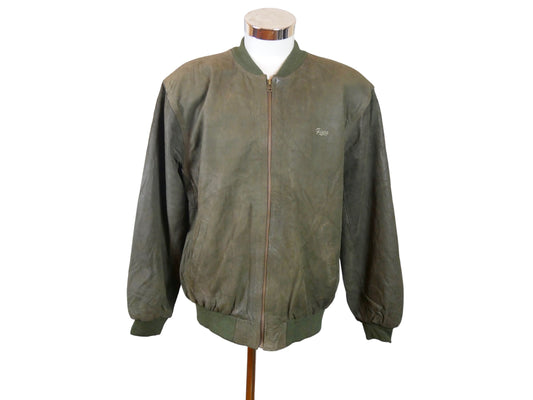 Men's 80s Guess Leather Bomber Jacket | Vintage Olive Green | Large